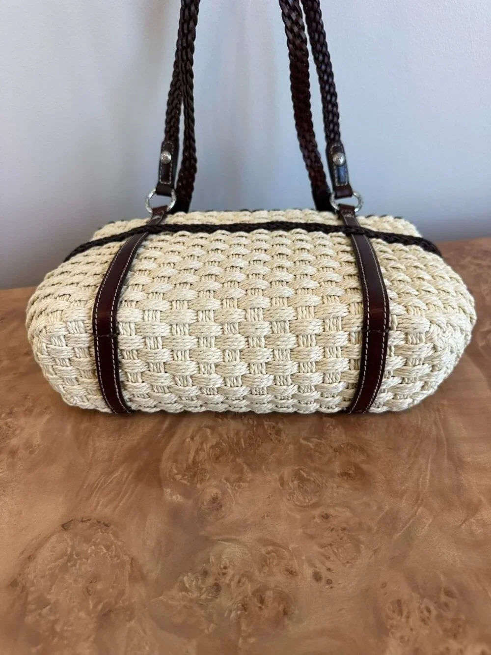 Brighton Peggy Straw Leather Tote Woven Basket Floral Trim Charm Bag - Picture 8 of 10